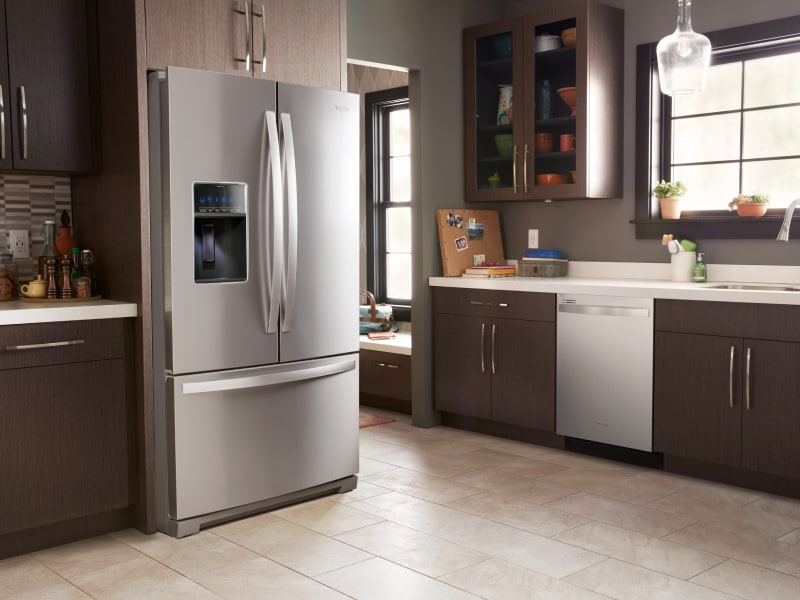 A stainless steel Whirlpool® French Door Refrigerator with Bottom Freezer A stainless steel Whirlpool® French Door Refrigerator with Bottom Freezer